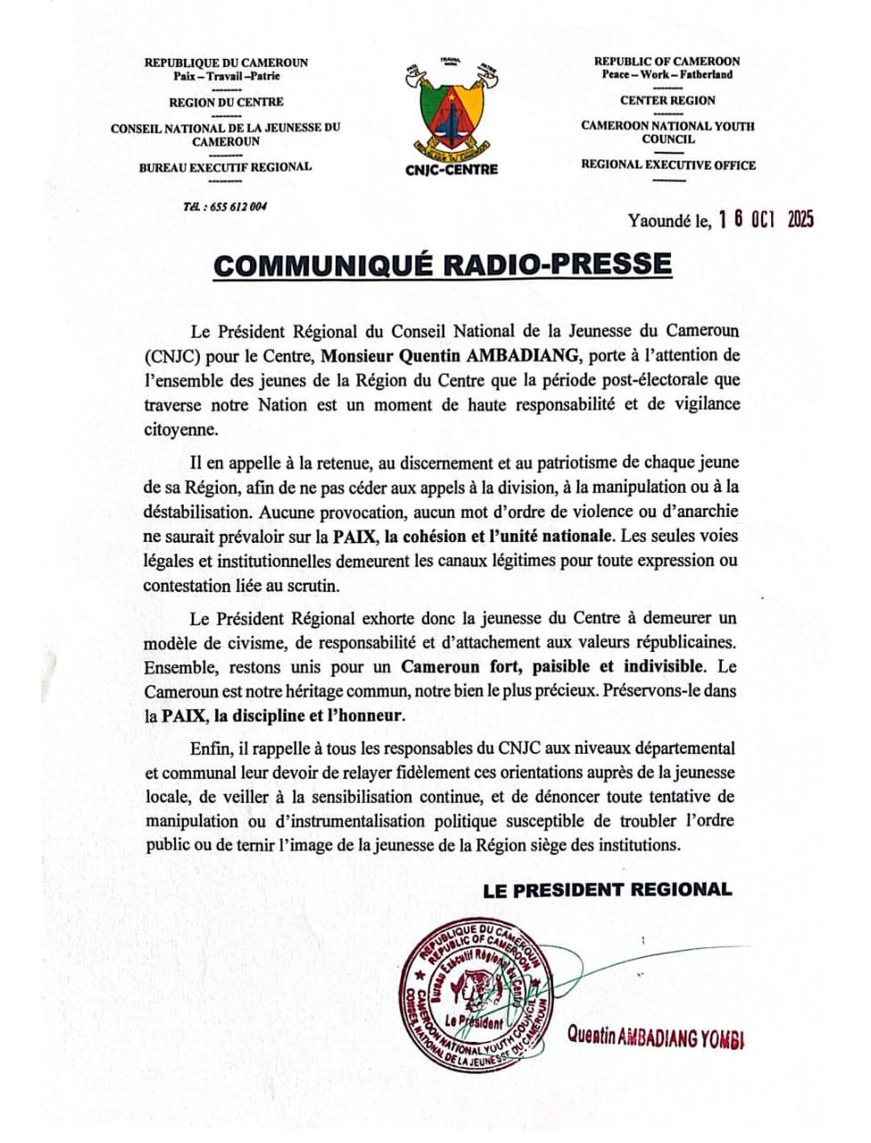 CNYC Centre Region Communiqué – Call for Peace, Civic Responsibility, and National Unity After Elections