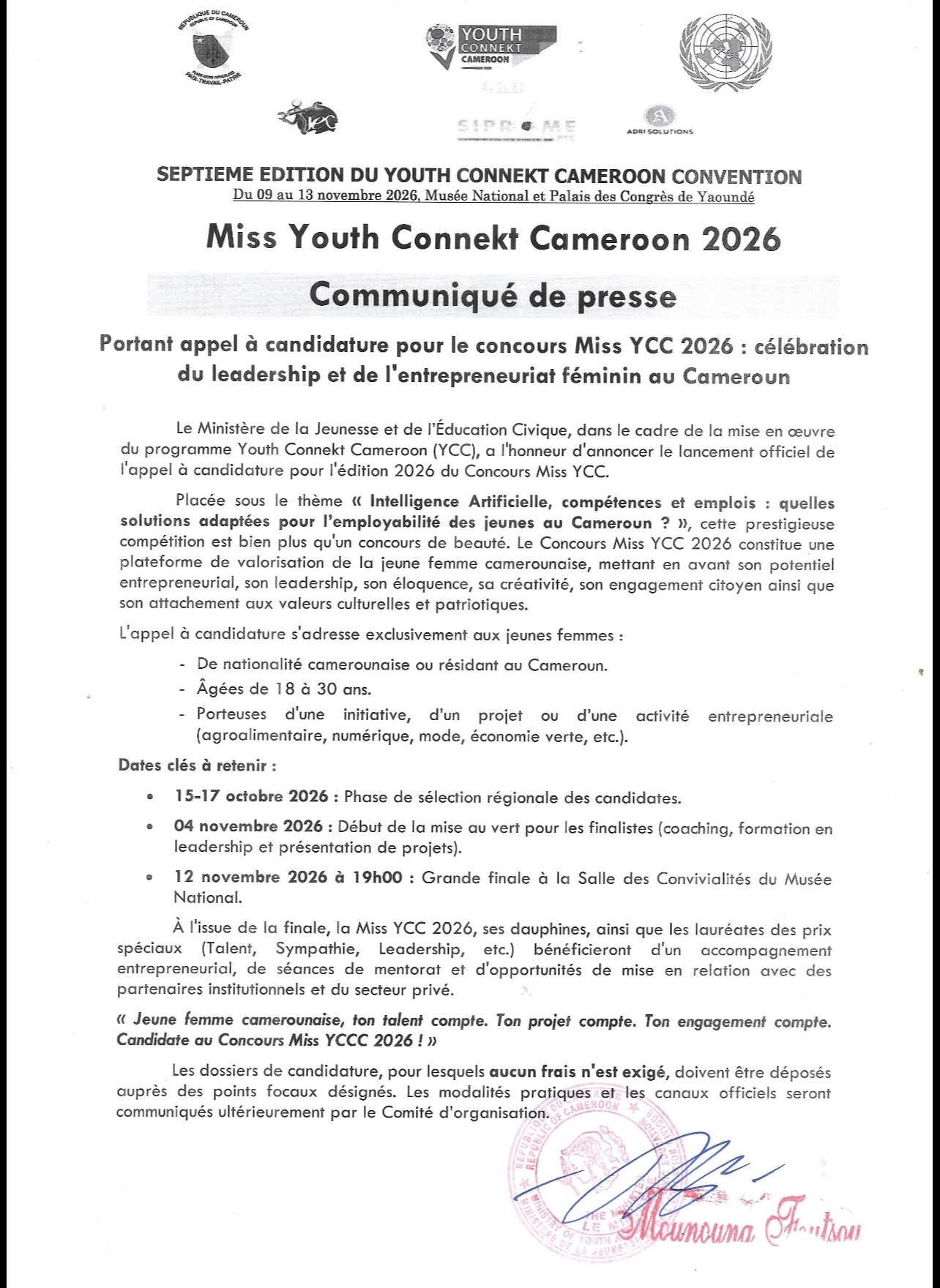 7TH EDITION OF THE YOUTH CONNEKT CAMEROON CONVENTION: MISS YCC 2026 - CALL FOR APPLICATIONS OPEN