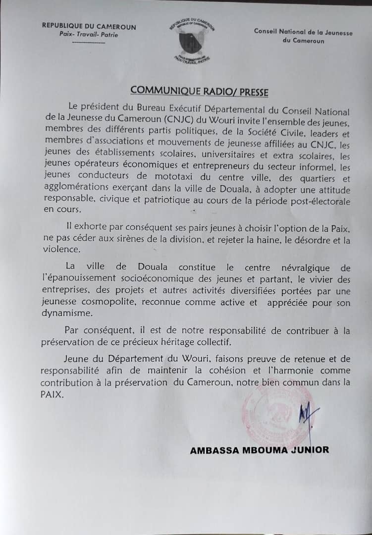Call to the Youth of Wouri to Uphold Peace and National Unity